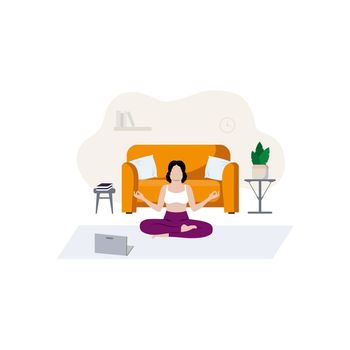 The girl does yoga without leaving the house. Online training at home. The concept of a healthy lifestyle, sports, proper nutrition. Beauty and health of the body. Vector stock illustration.