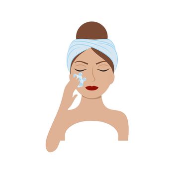 A woman with a towel on her head washes with water. Icon for the logo of a beauty salon, cosmetology, cosmetics instructions, Spa. Cartoon vector flat illustrations. Packaging design for cosmetics.