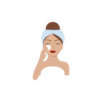 A young girl in a towel on her head wipes her face with a cotton sponge. The logo of the cosmetics, beauty, beauty salon. Vector flat cartoon illustration. The concept of beauty and health