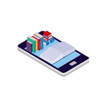 Vector cartoon isometric illustration isolated on a white background. Smartphone, books and reading. The concept of reading online, e-books and online libraries. Logo design, website reader