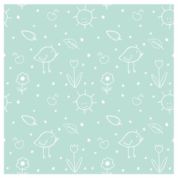 Seamless children's pattern with cartoon Doodle birds, flowers, sun, leaves. Creative Children's green contour texture for fabric, packaging, textiles, Wallpaper, clothing. Vector illustration