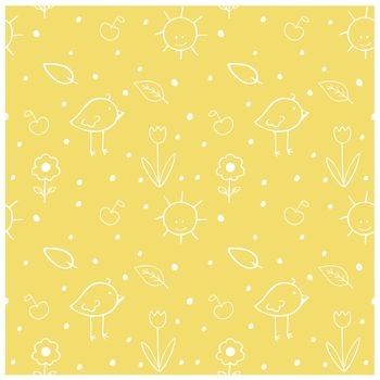 Seamless children's pattern with cartoon Doodle birds, flowers, sun, leaves. Creative Children's green contour texture for fabric, packaging, textiles, Wallpaper, clothing. Vector illustration