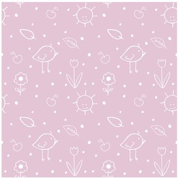 Lilac and pink seamless children's background with children's Doodle illustrations of a bird, a contoured flower, a twig, a cheerful sun. Endless pattern for children's room, textiles, clothing printing, Wallpaper.