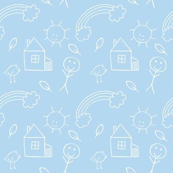 Blue endless pattern in the room for boy with white outline baby Doodle illustrations for newborn. Background for textiles, clothing, paper packaging, sewing fabrics, covers . Pencil sketch by hand