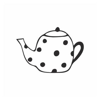 A pencil-drawn Doodle teapot on a white background. Vector contour illustration for children. Logo element for a coffee shop, cafe, restaurant, and tea ceremony. Design of the coffee shop and cafe menu.