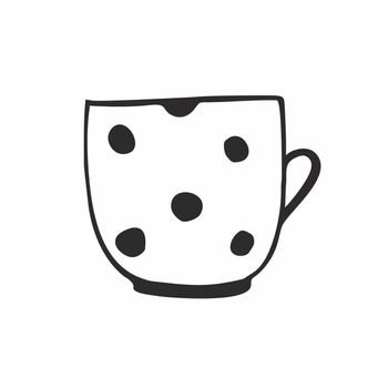 White contour tea mug with black polka dots on a white background isolated. Vector Doodle drawing pencil sketch. Logo of a coffee shop, restaurant, or store with dishes.