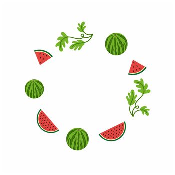 National watermelon day in the United States. Round photo frame with watermelon, watermelon slice and leaves. Design of the summer fruit festival and watermelon festival. Vector illustration 