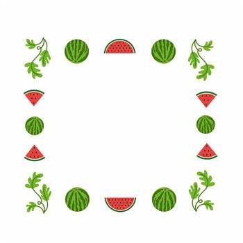 Square frame for making photos with watermelon, watermelon slice and leaves. Design of fruit summer festival and watermelon festival. Vector cartoon illustration