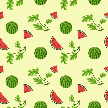 National watermelon day in the United States. Seamless endless background and pattern with watermelon, watermelon slice and seeds. Textile design, tailoring, fabric or paper packaging.