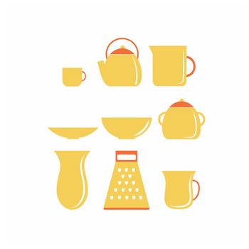 A set of yellow kitchen utensils and household items. A glass, a kettle, a bowl for tea. Vector flat illustration. Clipart on the topic of cooking. Icons for cafes, restaurants, bars, and kitchens.