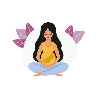 a beautiful pregnant woman with a large belly and a baby is sitting in the Lotus position. Pregnancy, childbirth, and motherhood. Vector flat illustrations. Concept of parenting. logo of the hospital
