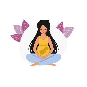 A pregnant woman sits in the Lotus position and relaxes. The baby is an embryo in the stomach. Mother is a new-born baby. Pregnancy, childbirth, motherhood. flat cartoon illustration.