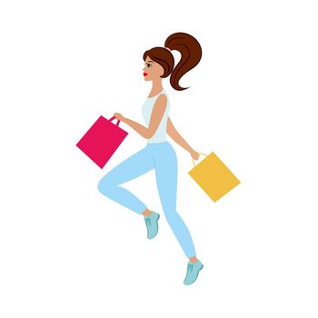 A beautiful slender girl runs to the store with shopping bags for discounts. Promotion, best offers. Advertising illustration for a clothing, cosmetics, and footwear store. Vector flat illustrations