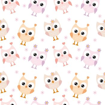 Cute owls with big eyes on a white background are isolated. Children's seamless pattern for textiles, fabrics, packaging, Wallpaper in the children's room. Vector cartoon drawing of an owl for a child