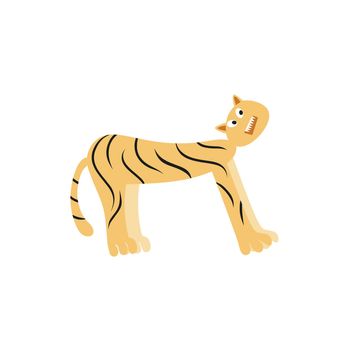 Funny tiger on a white background isolated. Children's cartoon vector illustration drawn by hand. Zoo and predatory animals. The tiger print for children's books, comic books, coloring books. 