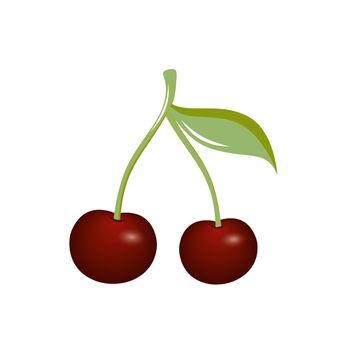 Two juicy bright cherries on a green branch with a leaf on a white background are isolated. Drawing a realistic Cherry berry. Vector three-dimensional cartoon illustration. Logo of the canteen, cafe