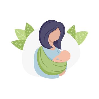 A mother holds a baby in a kangaroo carrier sling. Maternity, pregnancy, childbirth. Children's products for mothers and children. Logo on a white background, isolated for the Internet