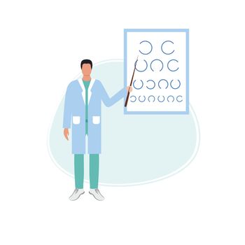 ophthalmologist checks the vision using a table for eye tests. The patient is being treated by an optometrist. Glasses and good eyesight. Vector flat cartoon illustration of medicine and healthcare.