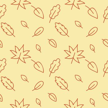 Seamless yellow autumn pattern with oak, birch, maple and wood leaves. Endless background for web pages, textiles, clothing, Wallpaper. Holiday in the style of doodles. Vector outline drawing