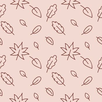 Endless seamless pattern of autumn leaves twigs flowers. Doodle texture drawn in pencil by hand outline. Vector background for textiles, Wallpaper, packaging paper, clothing.