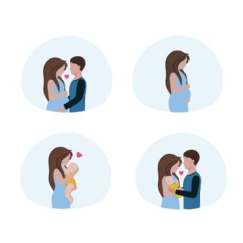 A set of vector images on the theme of happy relationships, motherhood, pregnancy and fatherhood. A young family plays with a newborn child. A pregnant woman and her husband.