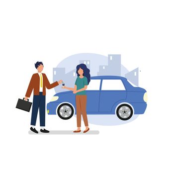 A male agent makes a deal with a female agent. Car sales and rentals