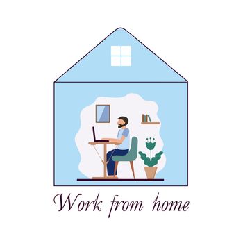 A man with a beard is sitting at home in home clothes and working on a laptop. Stylized vector illustration. The concept of freelancing, online training. Quarantine and self-isolation.