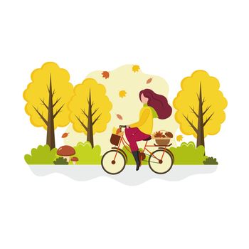 A girl rides a Bicycle through the autumn forest for mushrooms. The concept of outdoor recreation, sports and health. Vector cartoon flat illustration.