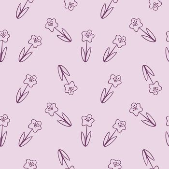 Endless seamless pattern with purple daisies on a pink background. Wallpaper for a girl's nursery, sewing clothes, packaging paper. Vector Doodle illustration.