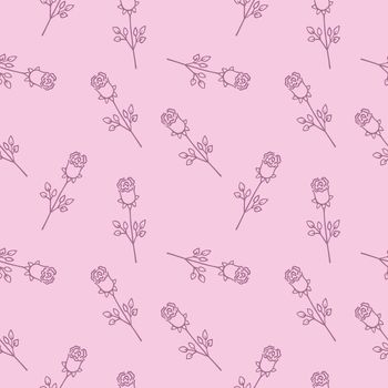 Seamless endless pattern with a pattern of purple roses on a pink background. Book cover, fabric for clothing and fashionable women's print, packaging paper. Vector pattern with a Doodle of a rose.