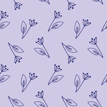 Purple endless seamless pattern with Doodle flowers and twigs. Vector contour illustration. Background for textiles, clothing, covers, interior decor for girls