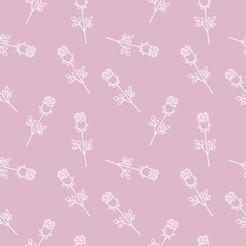 White roses on a pink background. Vector Doodle illustration. Endless seamless pattern with rose flower outline. Background for textiles, wrappers, website or web page design on the Internet.