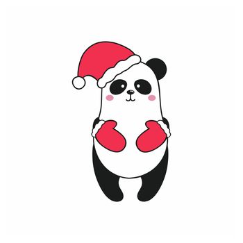  cute Panda in  Santa hat and red gloves stands isolated on  white background. Vector cartoon children's illustration for  comic book, smiley face, sticker or logo. Happy New year and merry Christmas.