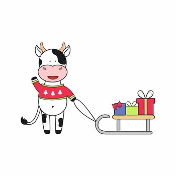 A bull in a sweater and a sled with gifts on it. Symbol of the year 2021 bull. Vector children's cartoon illustration for New year and Christmas. Design element of a postcard or sticker.