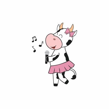 Cute cow in a skirt and with a microphone sings a song at a party. The symbol of 2021 is a bull isolated on a white background. Vector stylish cartoon illustration for the new year, scenes from life