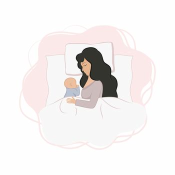 Mom and newborn baby are lying on the bed and sleeping. Mom sleeps with a small child. Motherhood and baby care, healthy sleep together. Vector flat cartoon illustration.