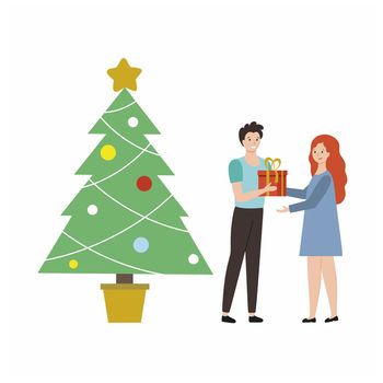 A man gives a woman a big gift near the Christmas tree. Festive vector illustration for new year and Christmas. Flat character isolated on a white background. Husband and wife celebrate the holiday.