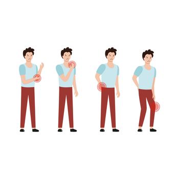 Set of vector illustrations. The man complains of pain in the joints, muscles and back. Drawing on the topic of medicine, diseases, chondrosis and spinal hernia. A patient at a doctor's appointment.