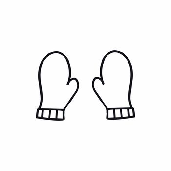 Black contour illustration of children's mittens on a white background. Doodle drawing sketch by hand. Mittens isolated on a white background. Winter clothing for children. Vector icon.