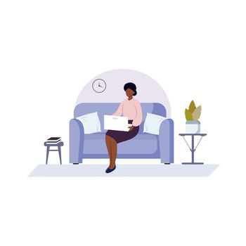 An African-American woman is sitting on the couch typing on a computer. A black girl works at home on a laptop. The concept of freelancing, working at home, and online learning. Vector flat illustration.