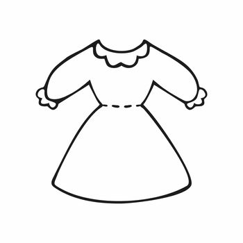 Elegant dress for girls, girls, women, hand-drawn. Isolated vector Doodle illustration of women's clothing on a white background. Black outline sketch of a maid's dress. Icon, a single item for the wardrobe
