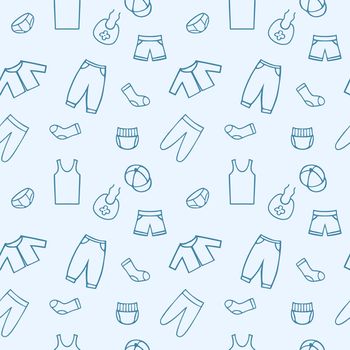 Blue endless pattern for a boy with Doodle clothing drawings. Seamless background in the children's room, tailoring, Wallpaper for your phone. Packaging paper design