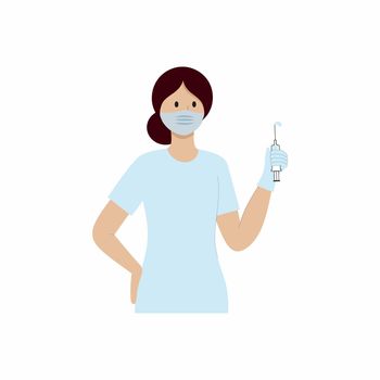 A nurse holds an injection for diseases. Vector flat cartoon illustration. The concept of coronavirus, pandemics and treatment of diseases. Infographics for the hospital's app or website.