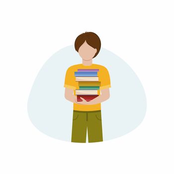 A handsome young guy holds a stack of books. A man with books. The concept of learning, knowledge and reading books. Vector flat illustration for an electronic library or bookstore.