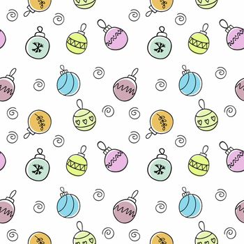 Endless seamless pattern with multi-colored Christmas tree balls for new year and Christmas. Children's handwriting for the holiday. Wallpaper for textiles, covers, packaging paper.