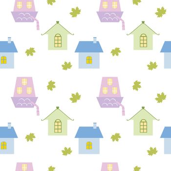 Seamless background of houses and maple leaves on a white background. Children's vector cartoon illustration, pattern. Wallpaper for children's room, textiles, clothing, drawing for a book, cover