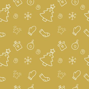 Vector Christmas Doodle collection on a Golden background. Christmas vector pattern for textiles, clothing, packaging paper. New year and Christmas. Seamless endless background