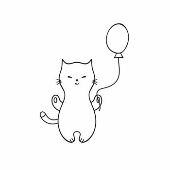 A kitten with a Doodle-style balloon. Minimalist cat isolated on a white background in an abstract style. Hand-drawn illustration, black-and-white linear sketch. Vector drawing for children.