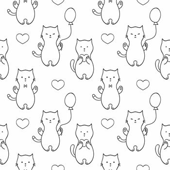 Seamless endless pattern with cute kittens, cats and balloons. Set of vector Doodle illustrations. Background for fabric print, Wallpaper, textiles, wrapping paper, or book cover