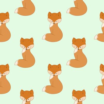 Cute cartoon Fox pattern on green background. Seamless endless background for print, cover, wrapping paper, tailoring. Children's vector illustration.